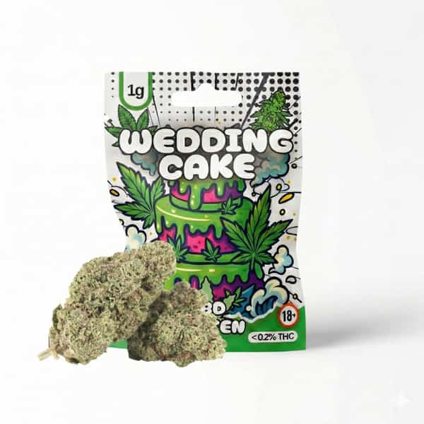 Produktfoto von der Verpackung und Inhalt von der Superior Blüten Sorte Wedding Cake