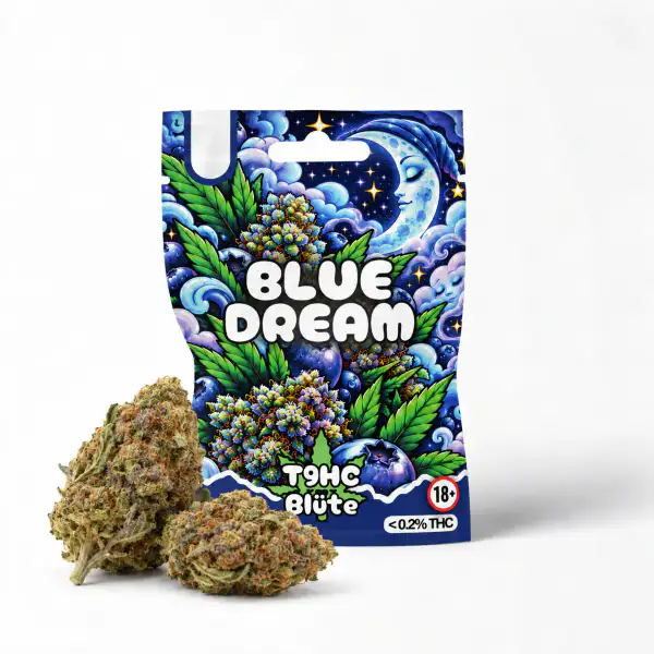 Blauer Druckverschlussbeutel mit Blue Dream T9HC Blüten